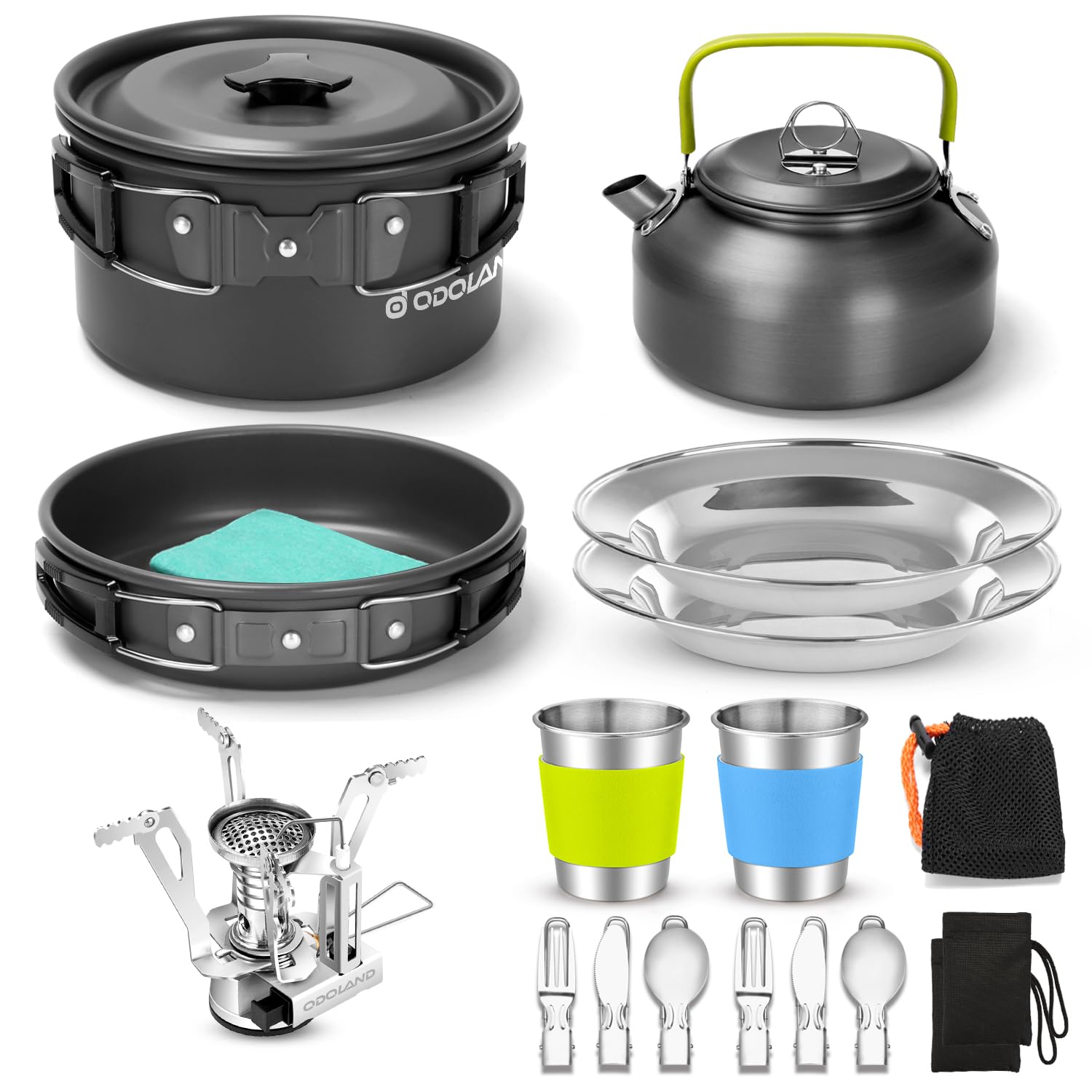 18-teiliges Camping Kochset – Faltbar mit Töpfen & Teekessel für Outdoor Kochen